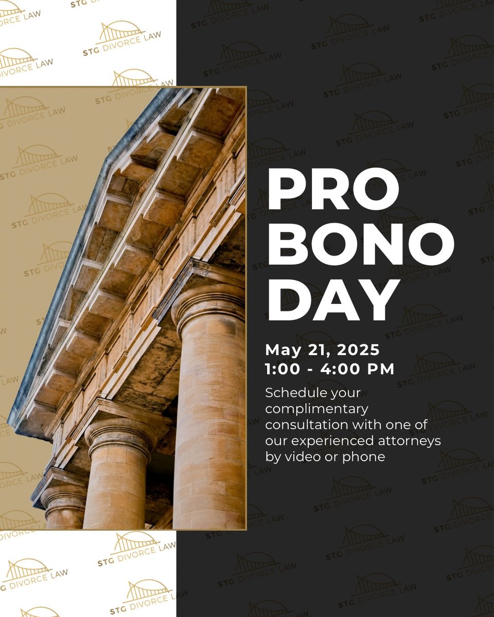 If you’ve been putting off getting answers because of cost concerns, this is your opportunity.  

📅 Join us for Pro Bono Day 
🕐 May 21, 2025 | 1:00 – 4:00 PM 
📍Virtual consultations (video or phone)  

Appointments are limited—schedule yours today at stglawfirm.com/#STGDivorceLaw