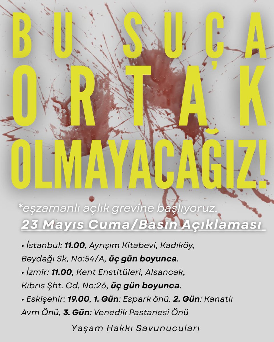 KATLİAM YASASINA KARŞI AÇLIK GREVİNDEYİZ!

Sokaktaki hayvanların toplatılıp katledilmesini meşrulaştıran bu kanlı yasaya karşı 3 günlük açlık grevine başlıyoruz!

Bu yasa bir kıyım planıdır. Biz sadece iktidarın değil, "uygulamayacağız" deyip fiilen köpek toplayan muhalefet +