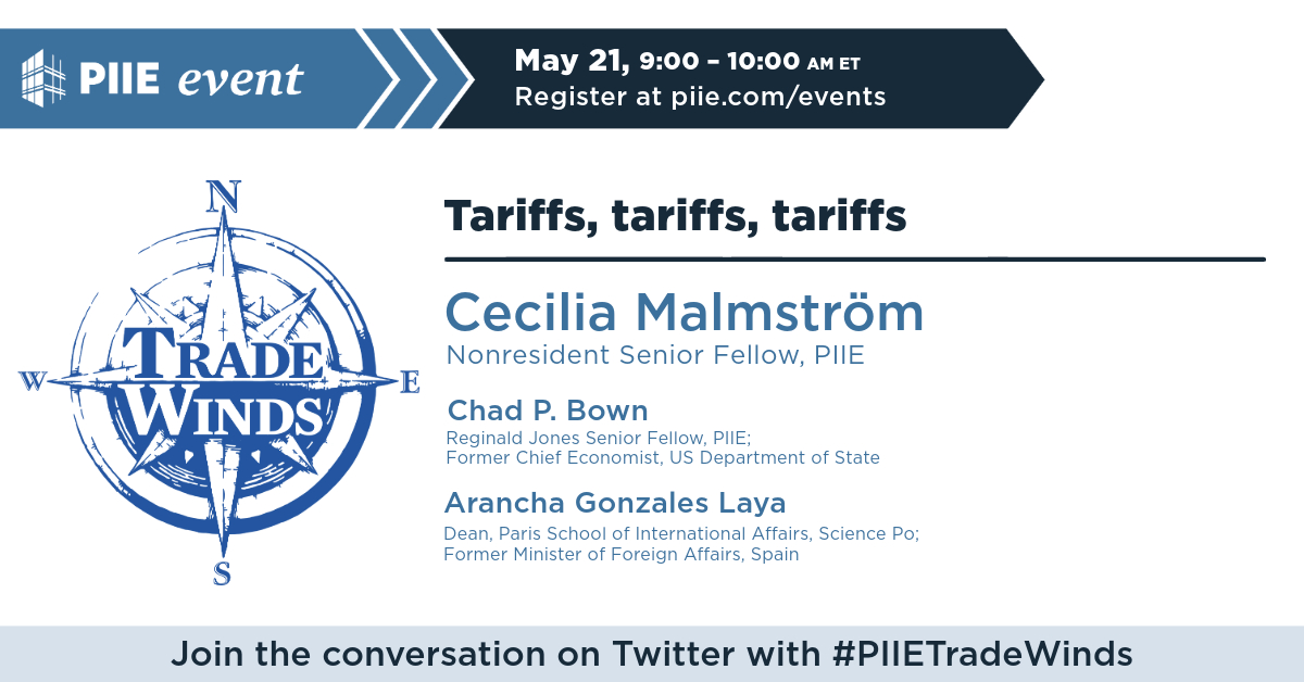 Peterson Institute (@piie) on Twitter photo Tariffs.
We talk about them.
On May 21, <a href="/MalmstromEU/">Cecilia Malmström</a> discusses with <a href="/ChadBown/">Chad P. Bown</a> & <a href="/AranchaGlezLaya/">Arancha González</a> retaliation, deals, derisking, the global trading system, & more.
Info & register: piie.com/events/2025/ta… Tariffs.
We talk about them.
On May 21, <a href="/MalmstromEU/">Cecilia Malmström</a> discusses with <a href="/ChadBown/">Chad P. Bown</a> & <a href="/AranchaGlezLaya/">Arancha González</a> retaliation, deals, derisking, the global trading system, & more.
Info & register: piie.com/events/2025/ta…