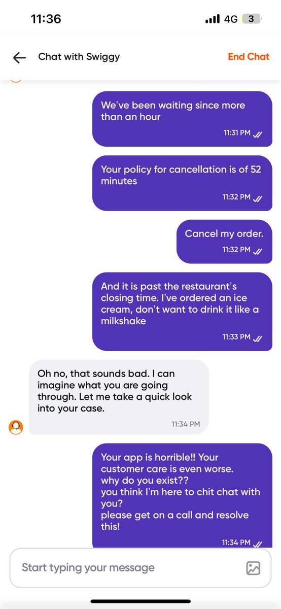 BhutadaPoorvi's tweet photo. @Swiggy - horrible customer care, seems like we’re talking to a couch potato. You think I’m on a dating app that I want to continue the chat?? 

Your customer care executive does not want to resolve the late delivery issue a call but wants to continue chat? 
Rea https://t.co/hc9QQ9yQkc