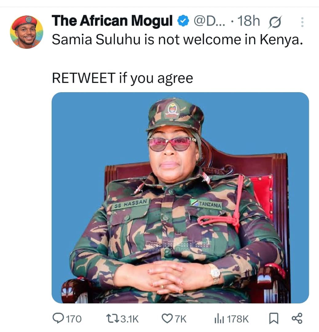 Challenge mpya nchini Kenya. Rais Samia haruhusiwi kuingia Kenya. Anaitwa Dictator mpya wa Kike Africa Mashariki na Kati.

Wanamuita Mwanamke katili na mwenye Roho Mbaya. Adolf Hitler wa Eastern Africa.