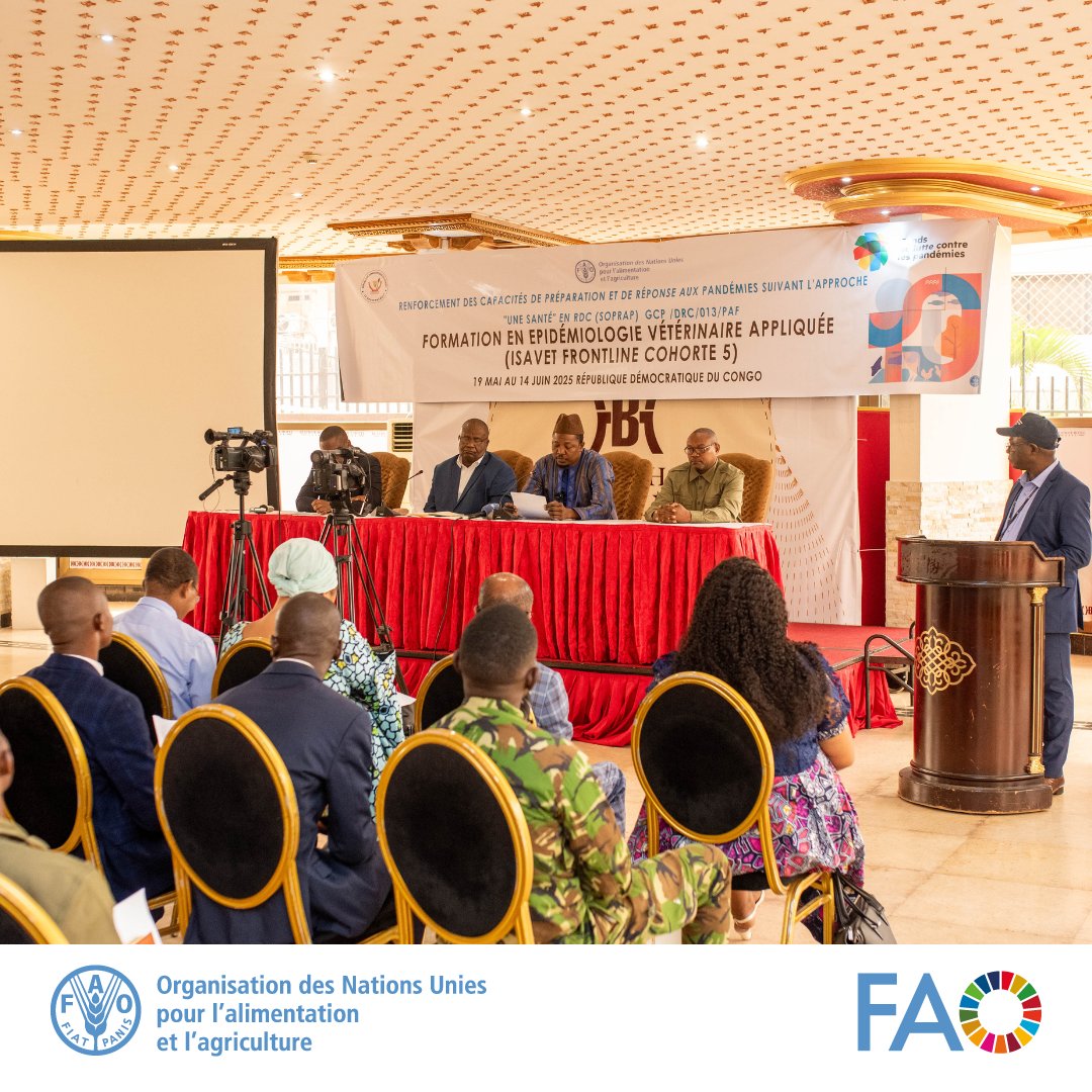 FAORDCongo's tweet photo. 1/2 Renforcement des capacités en épidémiologie de terrain. La @FAO organise la 5e cohorte de formation #ISAVET des professionnels vétérinaires pour améliorer la prévention🦠,la détection🔬 et la riposte face aux épidémies animales. 
#Healthforall #OneHealth #animalhealth https://t.co/Qrh6EO7zwO