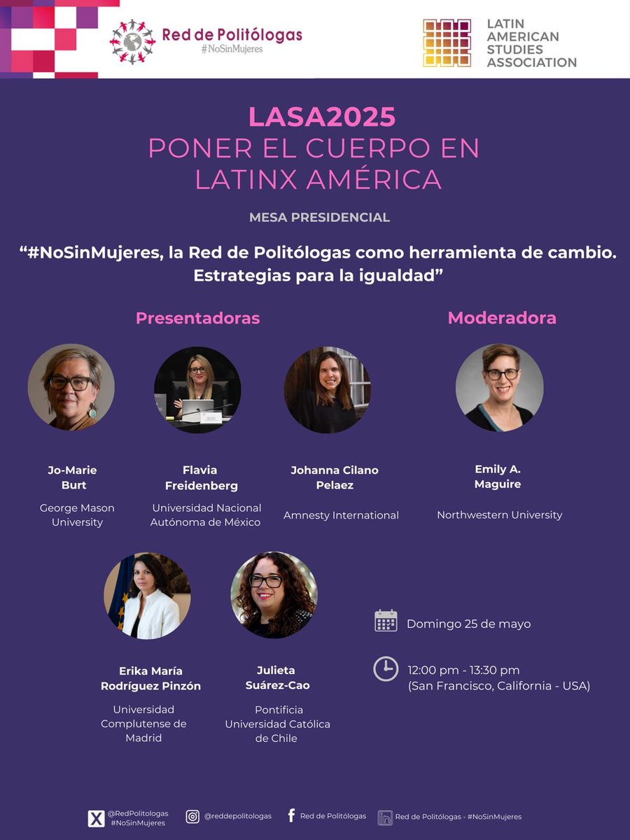 Red De Politólogas - #NoSinMujeres (@redpolitologas) on Twitter photo 🔴 #NoticiasDeLaRed
La <a href="/RedPolitologas/">Red De Politólogas - #NoSinMujeres</a> estará muy activa esta semana en <a href="/2025LASA/">LASA2025</a> presentando ponencias, participando en una Mesa Redonda organizada por la Red y conversando en una de las Mesas Presidenciales.
Nos vemos en San Francisco del 23 al 26 de mayo @LASACONGRESS 🔝 🔴 #NoticiasDeLaRed
La <a href="/RedPolitologas/">Red De Politólogas - #NoSinMujeres</a> estará muy activa esta semana en <a href="/2025LASA/">LASA2025</a> presentando ponencias, participando en una Mesa Redonda organizada por la Red y conversando en una de las Mesas Presidenciales.
Nos vemos en San Francisco del 23 al 26 de mayo @LASACONGRESS 🔝