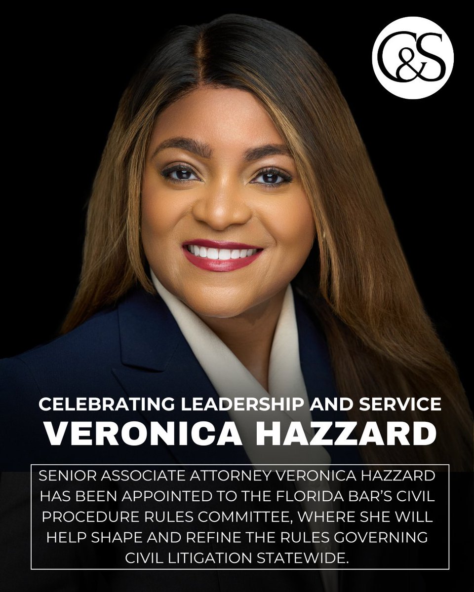 Congratulations to Senior Associate Attorney Veronica Hazzard on her appointment to the FL Bar’s Civil Procedure Rules Committee! A dedicated advocate and community leader, Veronica’s commitment to justice and advancing the practice of law make this a well-deserved recognition.