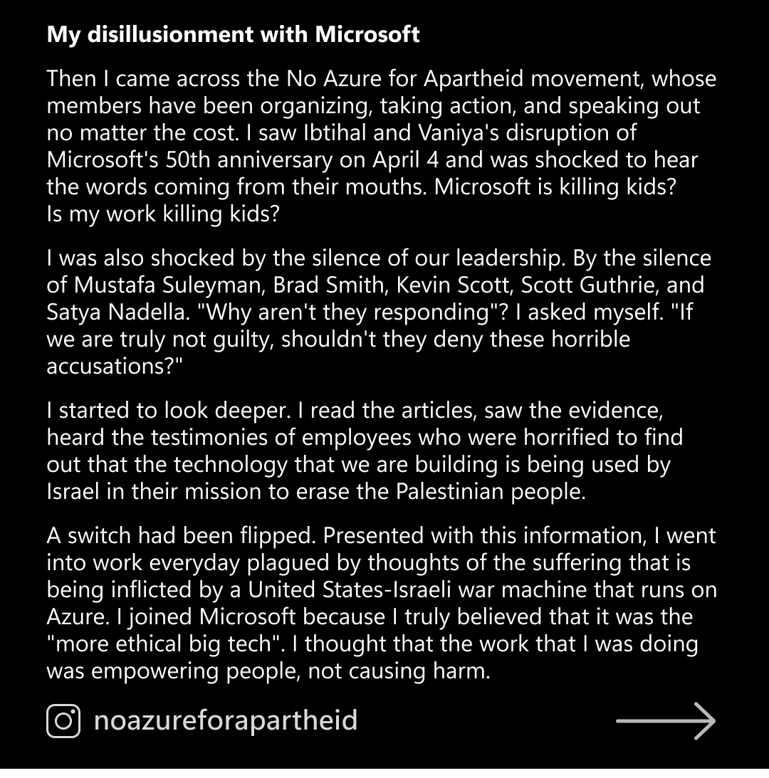BREAKING! Microsoft worker and member of No Azure for Apartheid sends a company-wide email explaining why they disrupted Satya's keynote during Microsoft Build! (1/2)🧵
#IOFOffAzure #MSBuild #SHUTDOWNMSBUILD #SHUTDOWNMICROSOFTBUILD #NoAzureForApartheid
