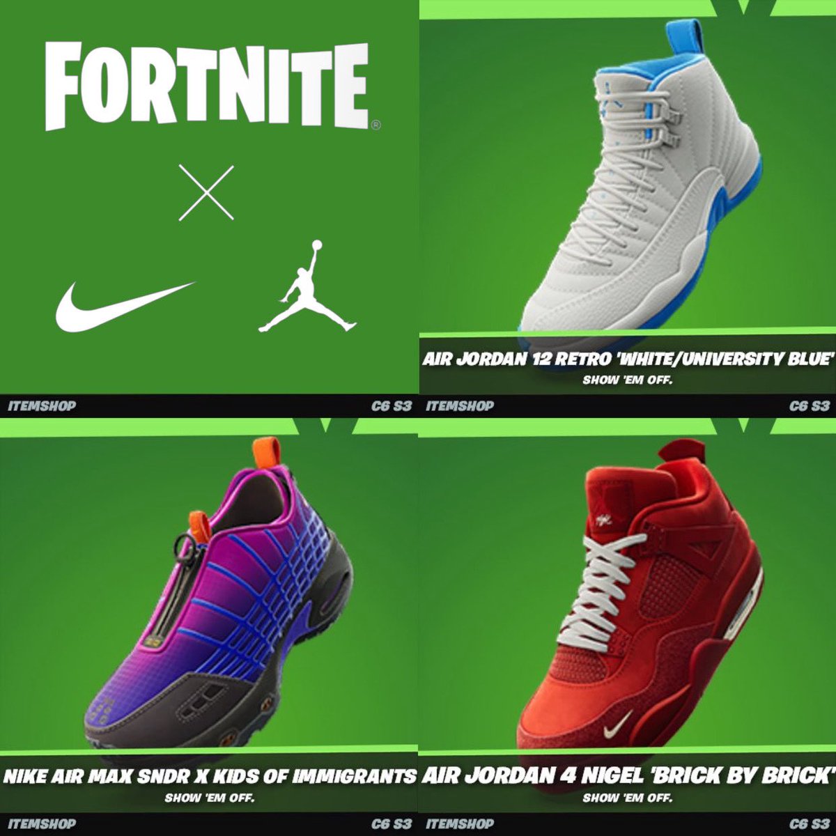 tstylezswoosh's tweet image. (LEAKS) upcoming ‘KICKS’ on Fortnite
drop 021 by @dotSWOOSH
• AIR JORDAN 12 RETRO 'WHITE/UNIVERSITY BLUE'
• NIKE AIR MAX SNDR X KIDS OF IMMIGRANTS
• AIR JORDAN 4 NIGEL 'BRICK BY BRICK
Credit : @iFireMonkey