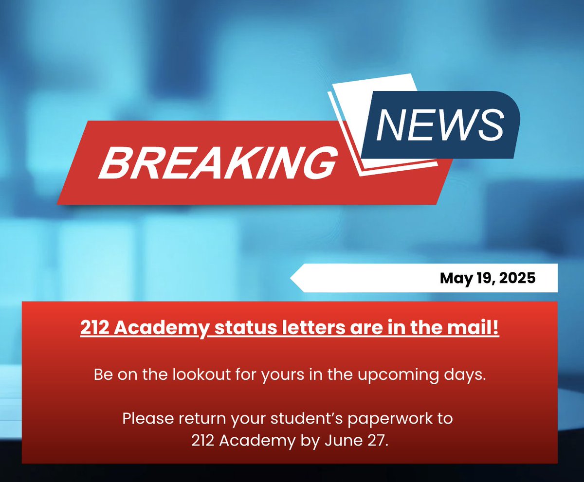 212 Academy (@212_academy) on Twitter photo 🎇🎇 BIG NEWS!!🎇🎇
Status letters for the 2025-26 school year are in the mail. If you applied to attend 212 Academy next year, be sure to check your mailbox in the upcoming days. We hope you have a safe summer and can't wait to see you in August. <a href="/WarrenCoSchools/">Warren Co Schools</a> 🎇🎇 BIG NEWS!!🎇🎇
Status letters for the 2025-26 school year are in the mail. If you applied to attend 212 Academy next year, be sure to check your mailbox in the upcoming days. We hope you have a safe summer and can't wait to see you in August. <a href="/WarrenCoSchools/">Warren Co Schools</a>