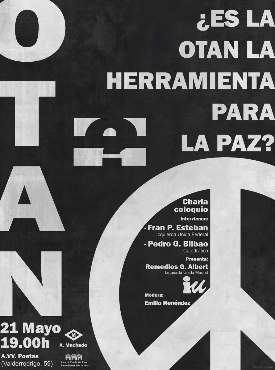 Tengo una acto con una asamblea de IU Madrid el dia 21 de mayo. 19.00 Madrid. local AA,VV. Metro A.Machado. Valderrodrigo 59.
Tengo la obligación de ser claro, clarito.