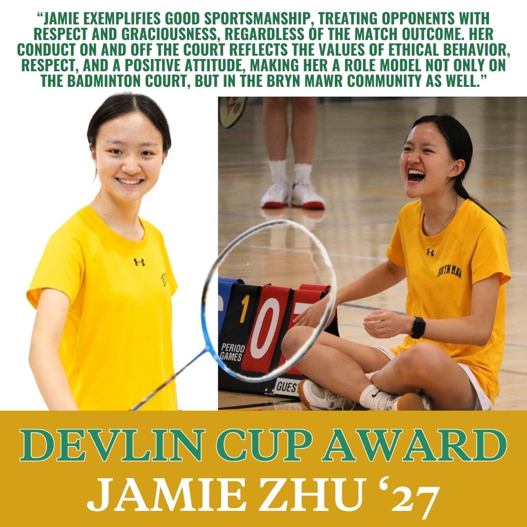 Our 2025 Devlin Cup Award winner is sophomore Jamie Zhu!  The Devlin Cup honors a member of the varsity badminton team who has shown athletic excellence, sportsmanship and leadership. 

Congratulations, Jamie! #mawrtiannation 

📸: @thestuzlens
