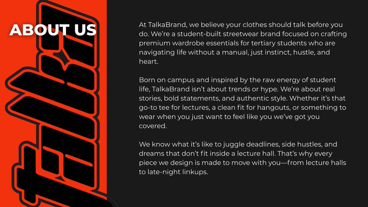 TalkaBrand's tweet photo. Have you ever been curious about what the Talka’s brand is about?, Here’s our purpose,vision, and mission.  
 
        We’re student-built streetwear brand which focus on creating premium wardrobe essentials for tertiary students who navigate life without manual. https://t.co/7EjRiVO4QV