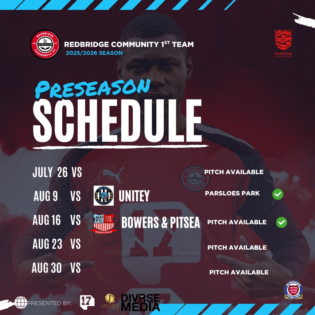 redbridgecommunityfc (@redbridgecfc) on Twitter photo Guys, We are looking to fill some more pre season games in our Schedule on the following dates.
July 26
August 23rd
August 30th
Please DM or drop us an email
Communications@redbridgecommunityfc.co.uk
✌🏾 Guys, We are looking to fill some more pre season games in our Schedule on the following dates.
July 26
August 23rd
August 30th
Please DM or drop us an email
Communications@redbridgecommunityfc.co.uk
✌🏾