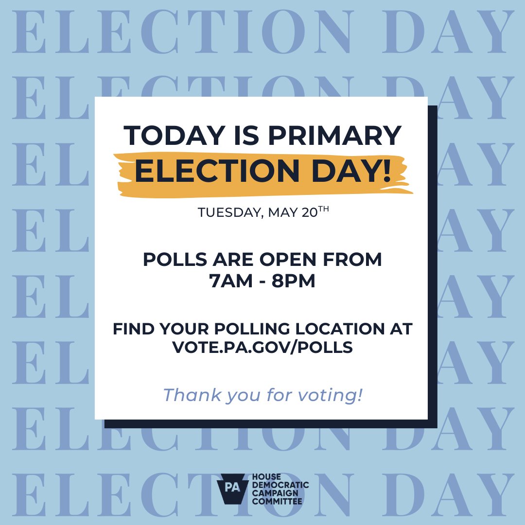 PAHDCC's tweet photo. ⁨Polls are now open for #PrimaryElectionDay! Make sure you cast your ballot before 8 pm - and if you're in line by then, STAY IN LINE. Thank you for voting!⁩ https://t.co/91rRdEae0Y