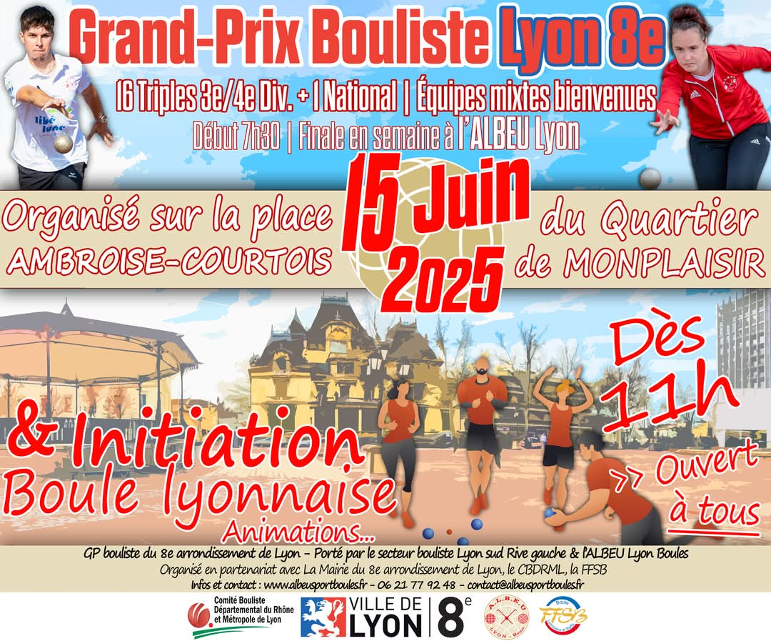 LyonBoules's tweet photo. 📢 𝗟𝗲 𝗚𝗣 𝗯𝗼𝘂𝗹𝗶𝘀𝘁𝗲 𝗱𝗲 #𝗟𝘆𝗼𝗻 𝟴𝗲 𝗮𝘂 𝗰𝗼𝗲𝘂𝗿 𝗱𝘂 𝗾𝘂𝗮𝗿𝘁𝗶𝗲𝗿 𝗱𝗲 #𝗠𝗼𝗻𝗽𝗹𝗮𝗶𝘀𝗶𝗿

Le grand-Prix bouliste 2025 @Mairie8Lyon aura lieu dim. 15 juin sur la place Ambroise Courtois du quartier de Monplaisir !

@villedelyon @grandlyon @auvergnerhalpes https://t.co/aECTY3i3TQ