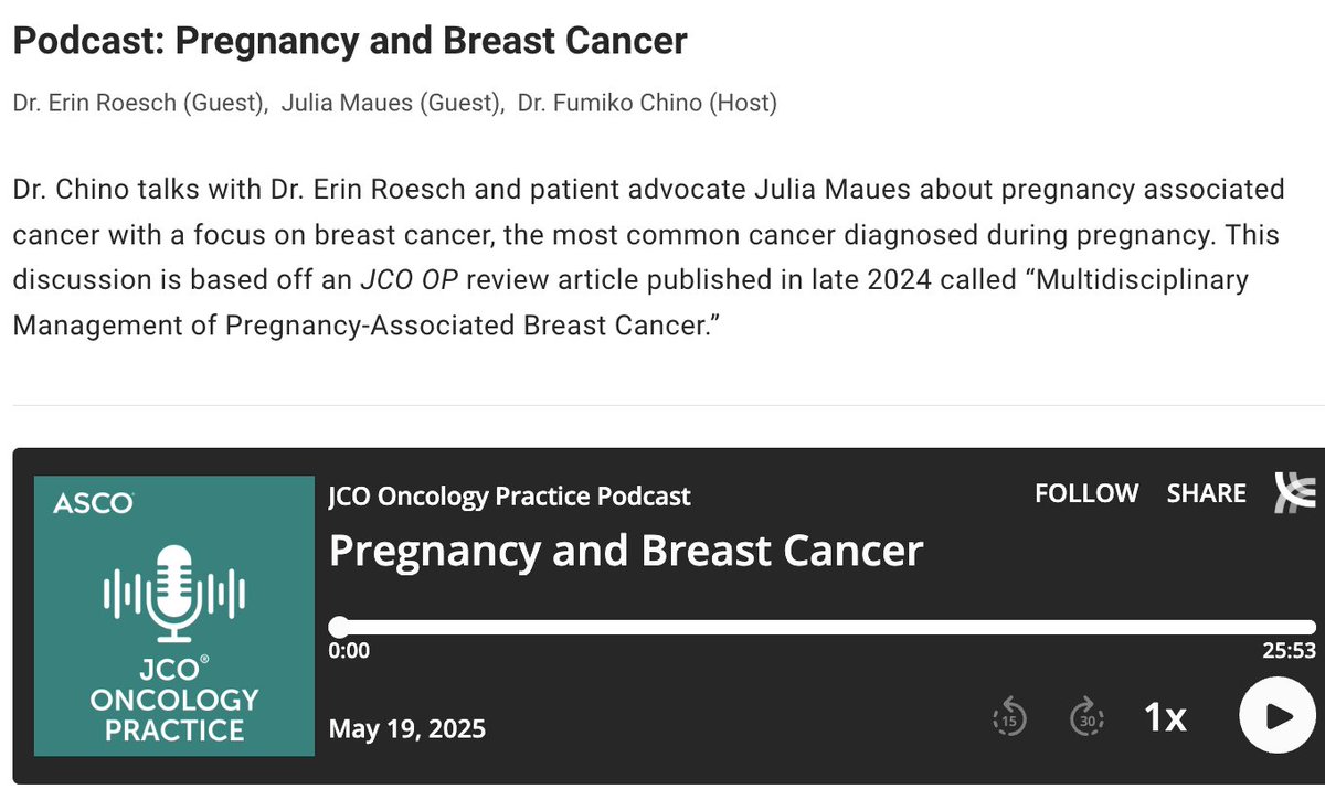 Fumiko Ladd Chino, MD, FASCO (@fumikochino) on Twitter photo 🎙️It was my pleasure to speak with Dr. <a href="/ErinRoeschMD/">Erin Roesch</a> & phenomenal patient advocate <a href="/itsnot_pink/">Julia Maués</a> about pregnancy associated cancer with a focus on #breastcancer, the most common cancer dx during pregnancy. #bcsm <a href="/ASCO/">ASCO</a> <a href="/JCOOP_ASCO/">JCO Oncology Practice</a> <a href="/OncoAlert/">OncoAlert</a> <a href="/ThanksCancer/">Thanks Cancer!</a>
ascopubs.org/do/pregnancy-a… 🎙️It was my pleasure to speak with Dr. <a href="/ErinRoeschMD/">Erin Roesch</a> & phenomenal patient advocate <a href="/itsnot_pink/">Julia Maués</a> about pregnancy associated cancer with a focus on #breastcancer, the most common cancer dx during pregnancy. #bcsm <a href="/ASCO/">ASCO</a> <a href="/JCOOP_ASCO/">JCO Oncology Practice</a> <a href="/OncoAlert/">OncoAlert</a> <a href="/ThanksCancer/">Thanks Cancer!</a>
ascopubs.org/do/pregnancy-a…