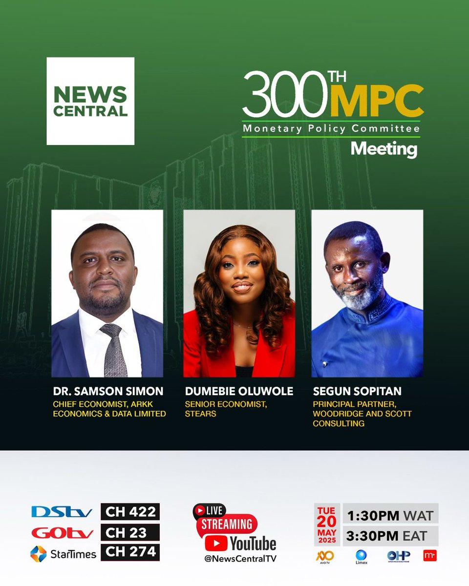 SegunSopitan's tweet photo. The CBN Governor will announce the MPC decisions tomorrow. 

With inflation moderating slightly in the month of April, will we see a rate cut for the first time in two years or will the effect of the CPI rebasing result in a hold decision again?

Join us as well break down the implications