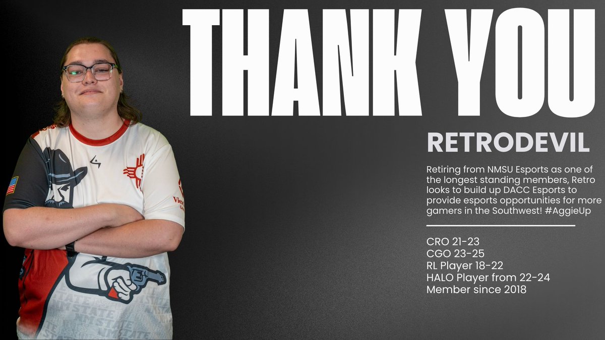 This week, we say goodbye to the GOAT of #NMSURL, <a href="/Phett_eee/">Phette</a> ❤️

Since 2018, Retro has put NMSU on the map by managing our first-ever championship rosters. Without him, our recruitment staff would have never been able to build NMSU Esports to the amazing organization it is today!