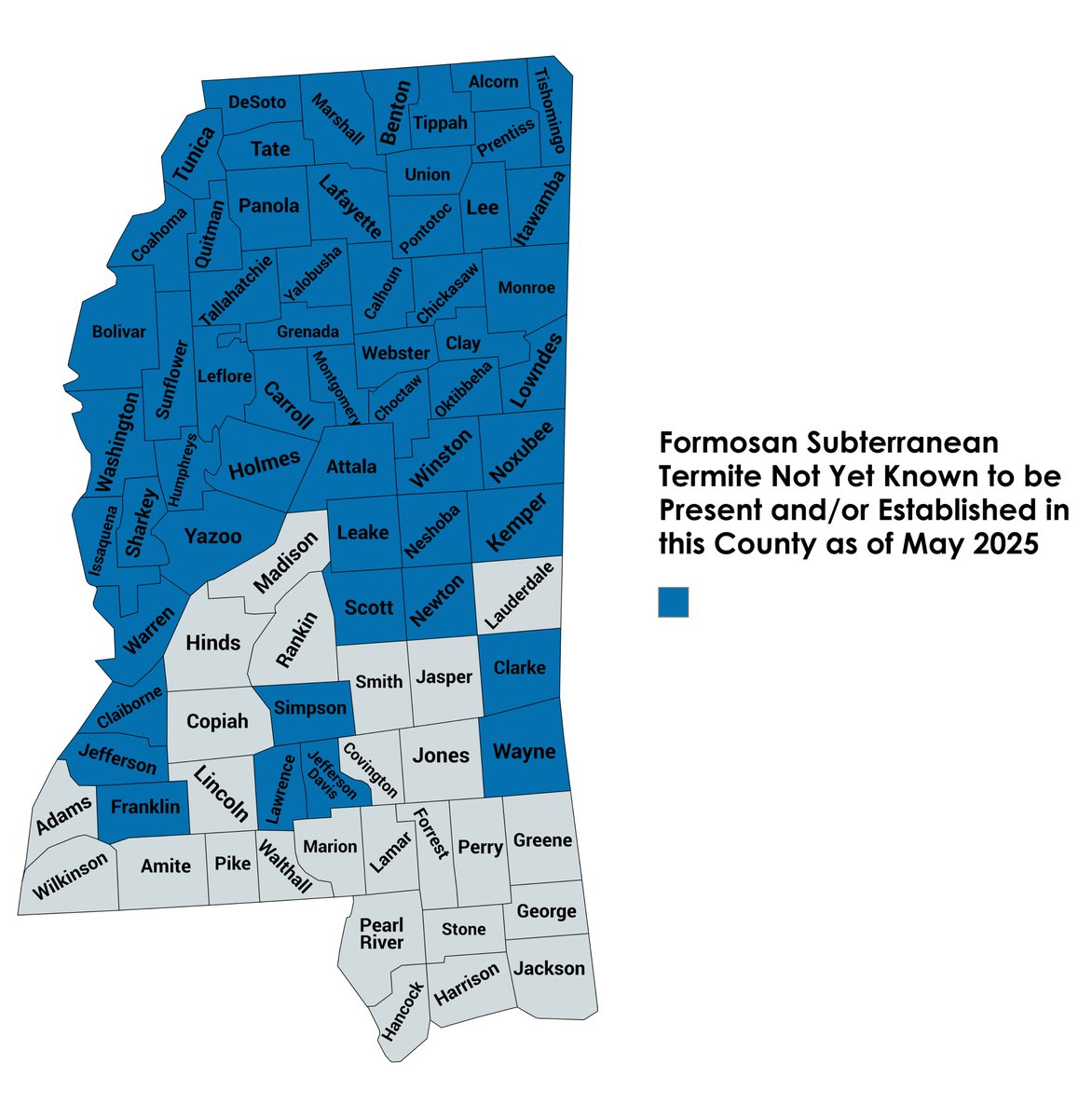 The #Formosan subterranean #termite is swarming in Mississippi. Formosans are not considered established in the 56 counties in blue. If you find Formosans in these counties, please submit samples and collection data. #MSUext #entomology #pestmanagement #IPM