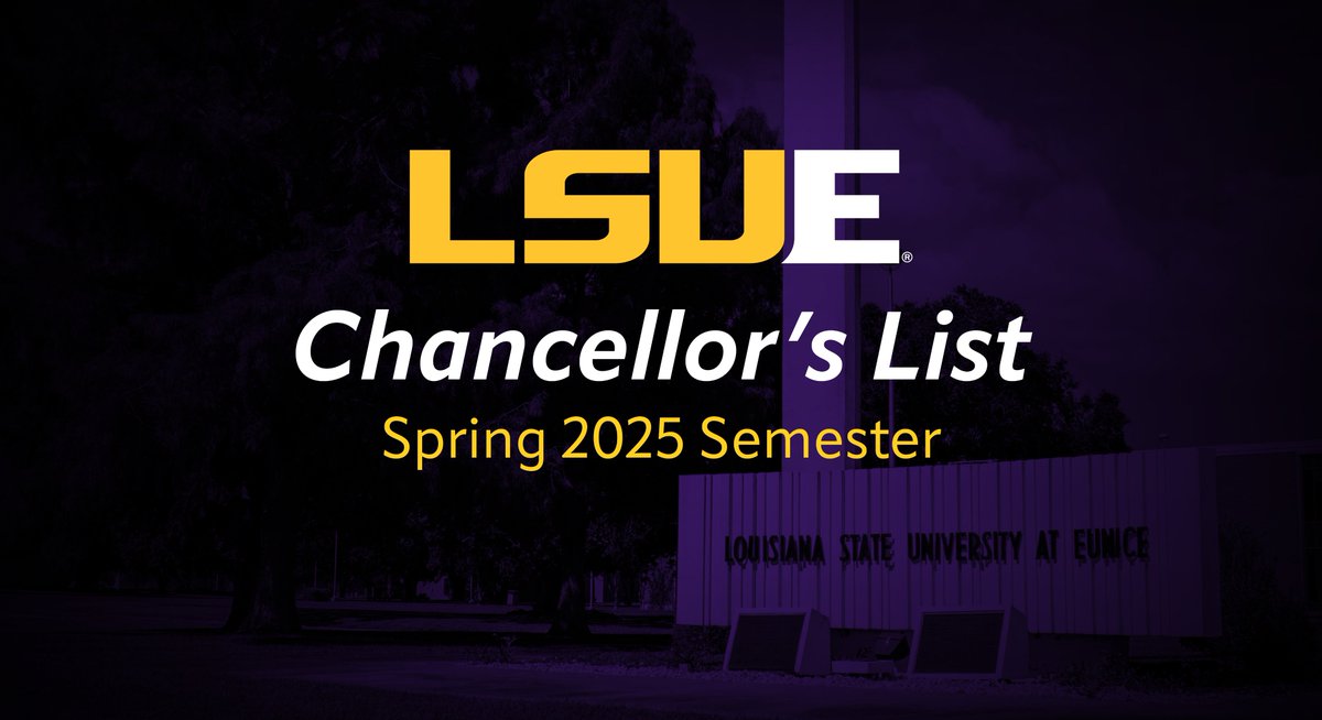 LSUEunice's tweet image. Congratulations to our students named to the Spring 2025 Chancellor's List. To be eligible, a full-time (12+ hours) student must maintain at least a 3.5 GPA. We are proud of all of our LSUE students' hard work - keep going!
Full List:
lsue.edu/mediacenter/20…