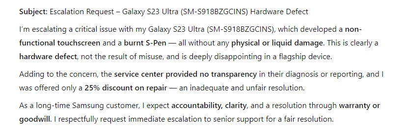 ShaileshP1012's tweet photo. @SamsungIndia @SamsungMobile @SamsungIndia @SamsungMobile @SamsungIndiaSupport I’m escalating a critical issue with my Galaxy S23 Ultra (SM-S918BZGCINS), which developed a non-functional touchscreen and a burnt S-Pen — all without any physical or liquid damage. https://t.co/ej68I6Q12r