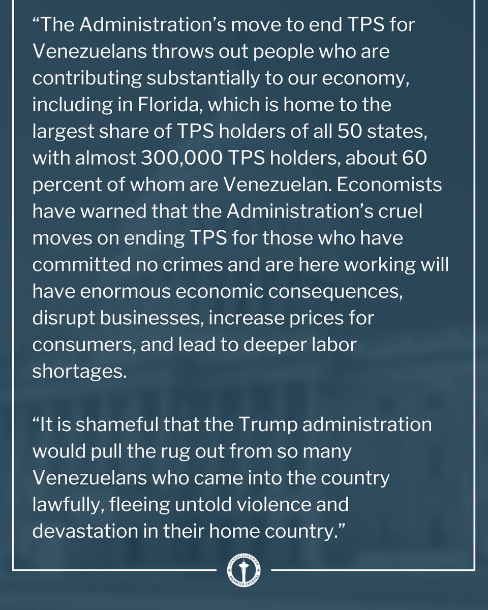 RepJayapal's tweet image. Today, SCOTUS ruled that the Trump admin can revoke TPS for Venezuelans, despite the fact that they face extreme oppression, arbitrary detention, extrajudicial killings, and torture — the exact type of situation that requires our govt to provide TPS.
Read my full statement: