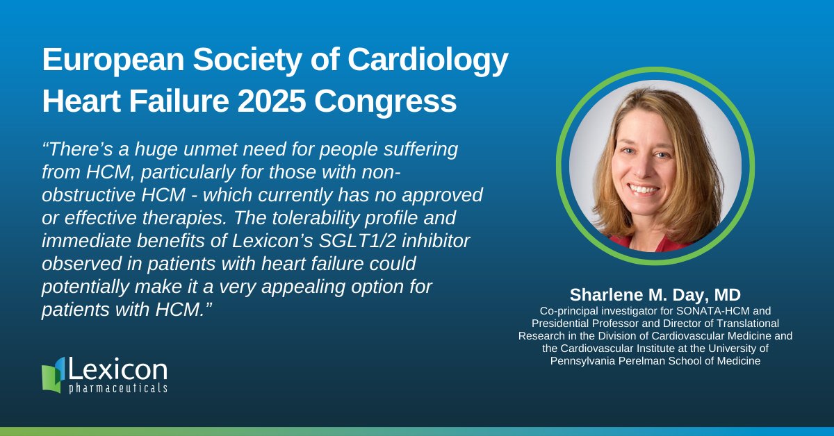 LexPharma (@lexpharma) on Twitter photo On Saturday, Lexicon presented details of our Phase 3 SONATA-HCM study design at the <a href="/escardio/">European Society of Cardiology</a> Heart Failure 2025 Congress.
Learn more about our clinical HCM program: investors.lexpharma.com/news-releases/…
#HeartFailure2025 On Saturday, Lexicon presented details of our Phase 3 SONATA-HCM study design at the <a href="/escardio/">European Society of Cardiology</a> Heart Failure 2025 Congress.
Learn more about our clinical HCM program: investors.lexpharma.com/news-releases/…
#HeartFailure2025