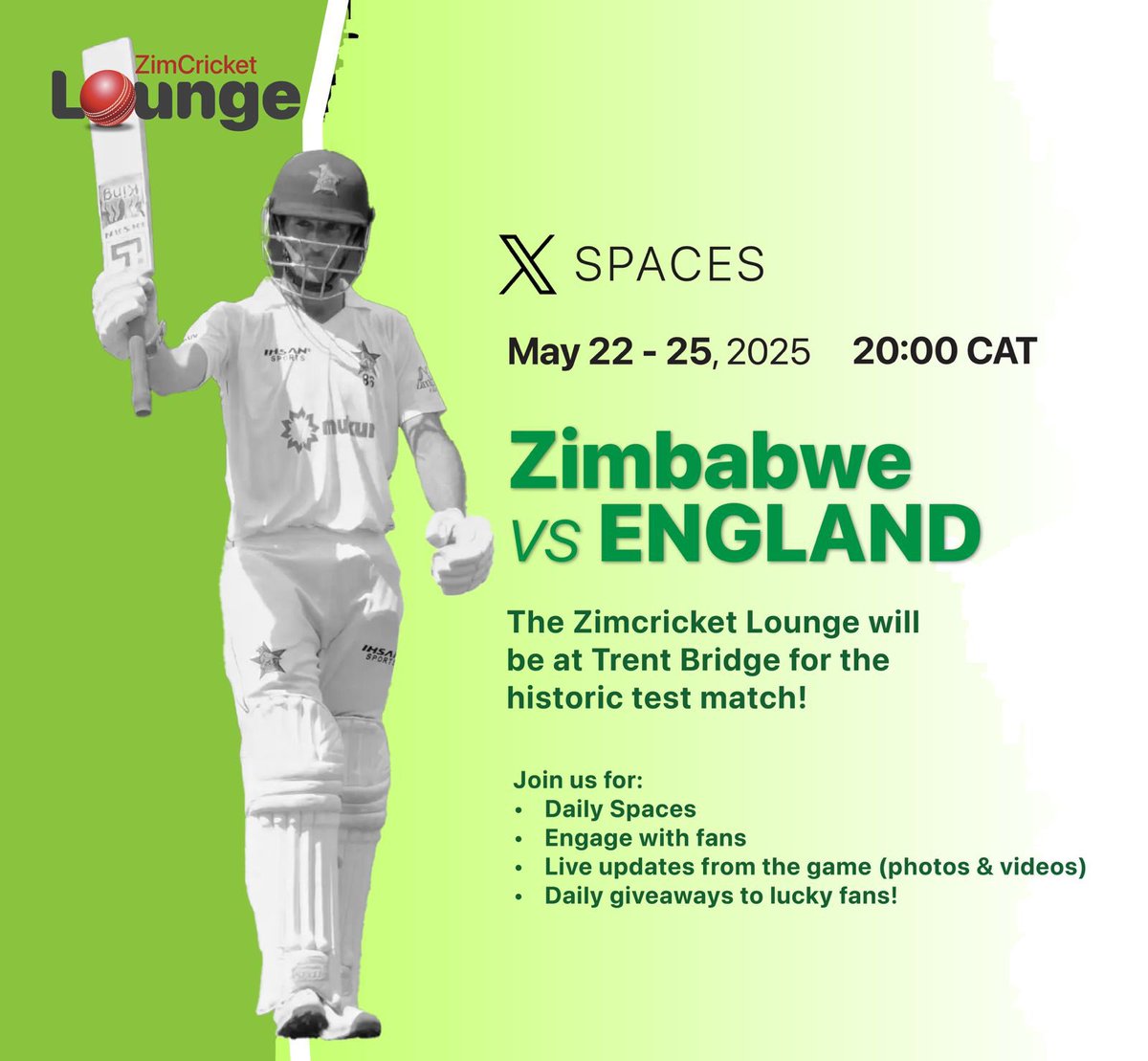 Join the ZimCricket as we build up to the much anticipated Zimbabwe vs England one off test match at Trent Bridge in Nottingham. 

We have lots in store for you starting with a special Pre-match pace on Wednesday 21st May at 2000 CAT.

See you there 🇿🇼