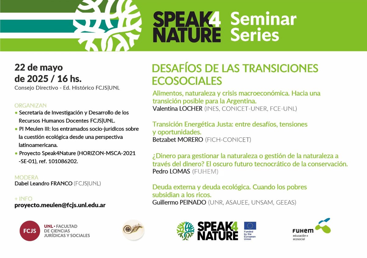El próximo jueves 22, en la <a href="/FCJS_UNL/">FCJS-UNL</a>, dentro de mi estancia como investigador <a href="/FuhemEcosocial/">FUHEM Ecosocial</a>  <a href="/Speak4Nat/">Speak4Nature</a> , tendrá lugar un seminario en el que compartiré mesa con lxs profesorxs <a href="/ValentinaLocher/">Valentina Locher</a>, Betzabet Morero y Guillermo Peinado sobre desafíos de la transición ecosocial.