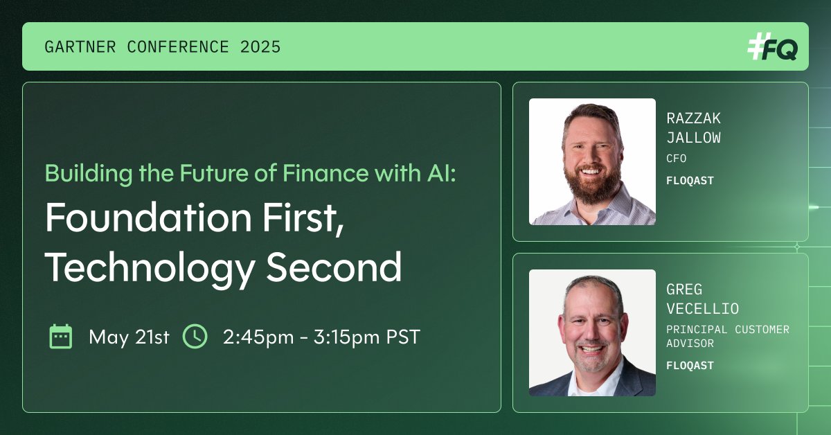 FloQast's tweet image. FloQast at #GartnerFinance 📍
Join CFO Razzak Jallow &amp;amp; Greg Vecellio to explore what it really takes to build a future-ready finance team.

🗓 May 21 | 2:45–3:15 PM
📍 Room: Potomac D
Session: Foundation First, Tech Second

#FloQast #CFOLeadership #AIinFinance