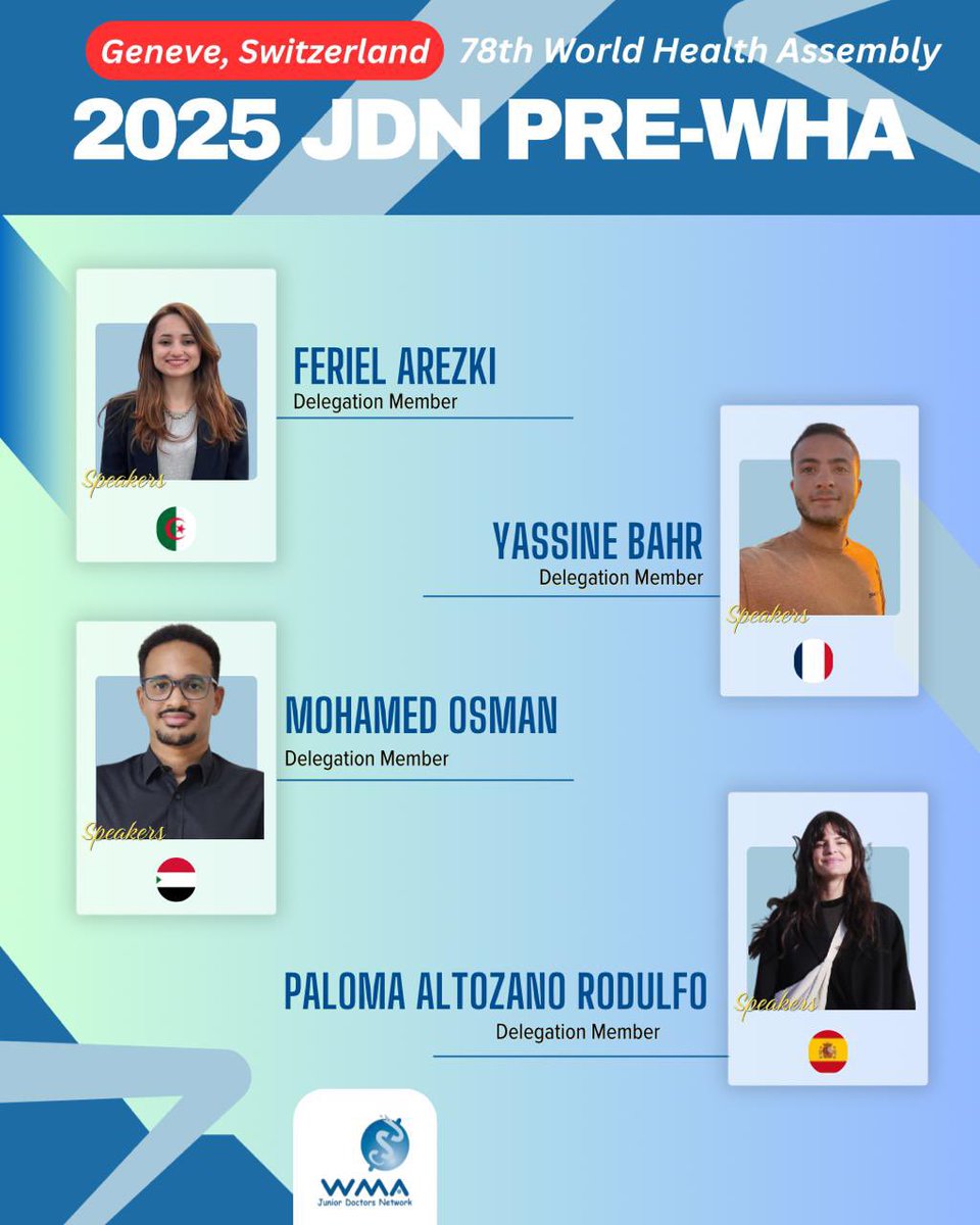 WMA-JDN (@wmajdn) on Twitter photo Meet our delegation in the next 78th World Health Assembly #WHO #WHA78 #WHA #WMA #juniordoctors #publichealth #globalhealth <a href="/medwma/">World Medical Association</a> Meet our delegation in the next 78th World Health Assembly #WHO #WHA78 #WHA #WMA #juniordoctors #publichealth #globalhealth <a href="/medwma/">World Medical Association</a>