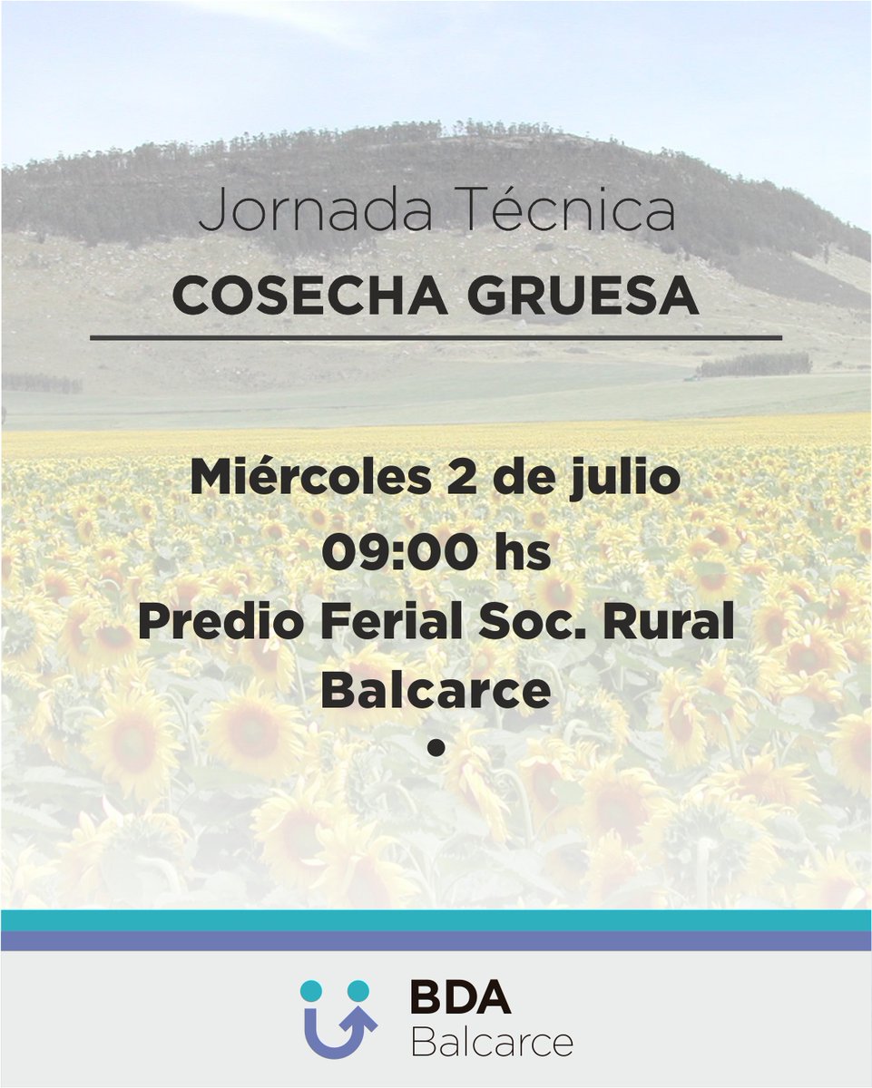 Se viene se viene!! Jornada Técnica Cultivos Cosecha Gruesa Banco de Alimentos de Balcarce Miercoles 2 Julio 9:00 hrs en Sociedad Rural Balcarce Los esperamos!!! #AIAB #SocRuralBce <a href="/CiafbaSudeste/">CIAFBA REGIÓN SUDESTE</a> <a href="/INTABalcarce/">INTABalcarce</a> <a href="/fcabalcarce/">FCABalcarce - UNMDP</a> <a href="/AapreMDQFangio/">Aapresid MDQ-JM Fangio</a> <a href="/aapresidneco/">Aapresid Necochea</a> <a href="/TandiliaReg/">Aapresid Tandilia</a> <a href="/FertilizarAC/">Fertilizar A.C.</a>