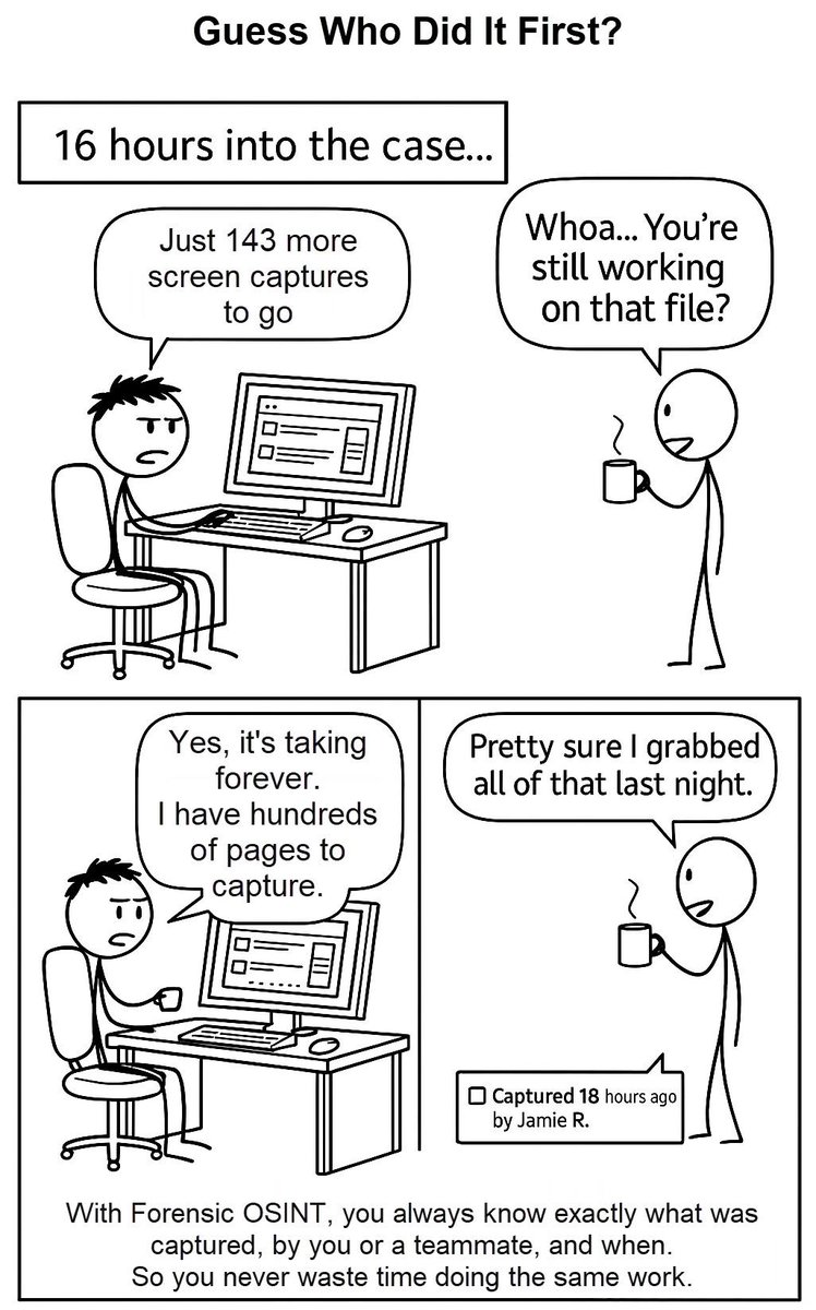 Wasted 6 hrs capturing pages? 😫
Only to find out your coworker did it last night.
Or another team beat you to it days ago. 🤦‍♂️

Forensic OSINT’s History Awareness saves you:
✅ Shows if a page was captured
✅ Who did it &amp; when
✅ Download past captures instantly

No more