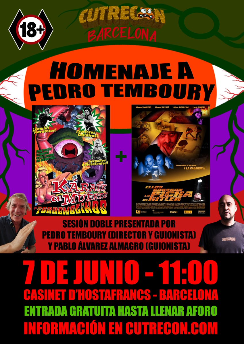 Cinecutre / CutreCon / SalaZeta (@cinecutre) on Twitter photo Pedro Temboury, uno de los grandes nombres del cine trash patrio, acudirá a CUTRECON BARCELONA.
Será en una Sesión Doble GRATUITA el 7 de junio a las 11h en <a href="/CotxeresCasinet/">Casinet-Cotxeres</a>, donde se proyectarán sus dos obras más emblemáticas.
Consulta la programación: cutrecon.com/programa/ Pedro Temboury, uno de los grandes nombres del cine trash patrio, acudirá a CUTRECON BARCELONA.
Será en una Sesión Doble GRATUITA el 7 de junio a las 11h en <a href="/CotxeresCasinet/">Casinet-Cotxeres</a>, donde se proyectarán sus dos obras más emblemáticas.
Consulta la programación: cutrecon.com/programa/