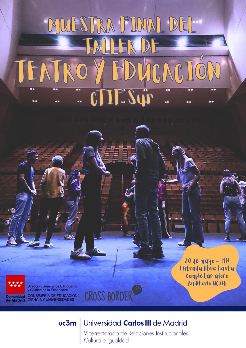 Cross Border Project (@crossborderproj) on Twitter photo Os invitamos mañana a esta muestra que hacemos con #EscuelaCross y CTIF Sur en <a href="/auditoriouc3m/">Auditorio UC3M</a> 🤍
📍20 mayo a las 19:00 h en el Auditorio de la UC3M. Os invitamos mañana a esta muestra que hacemos con #EscuelaCross y CTIF Sur en <a href="/auditoriouc3m/">Auditorio UC3M</a> 🤍
📍20 mayo a las 19:00 h en el Auditorio de la UC3M.