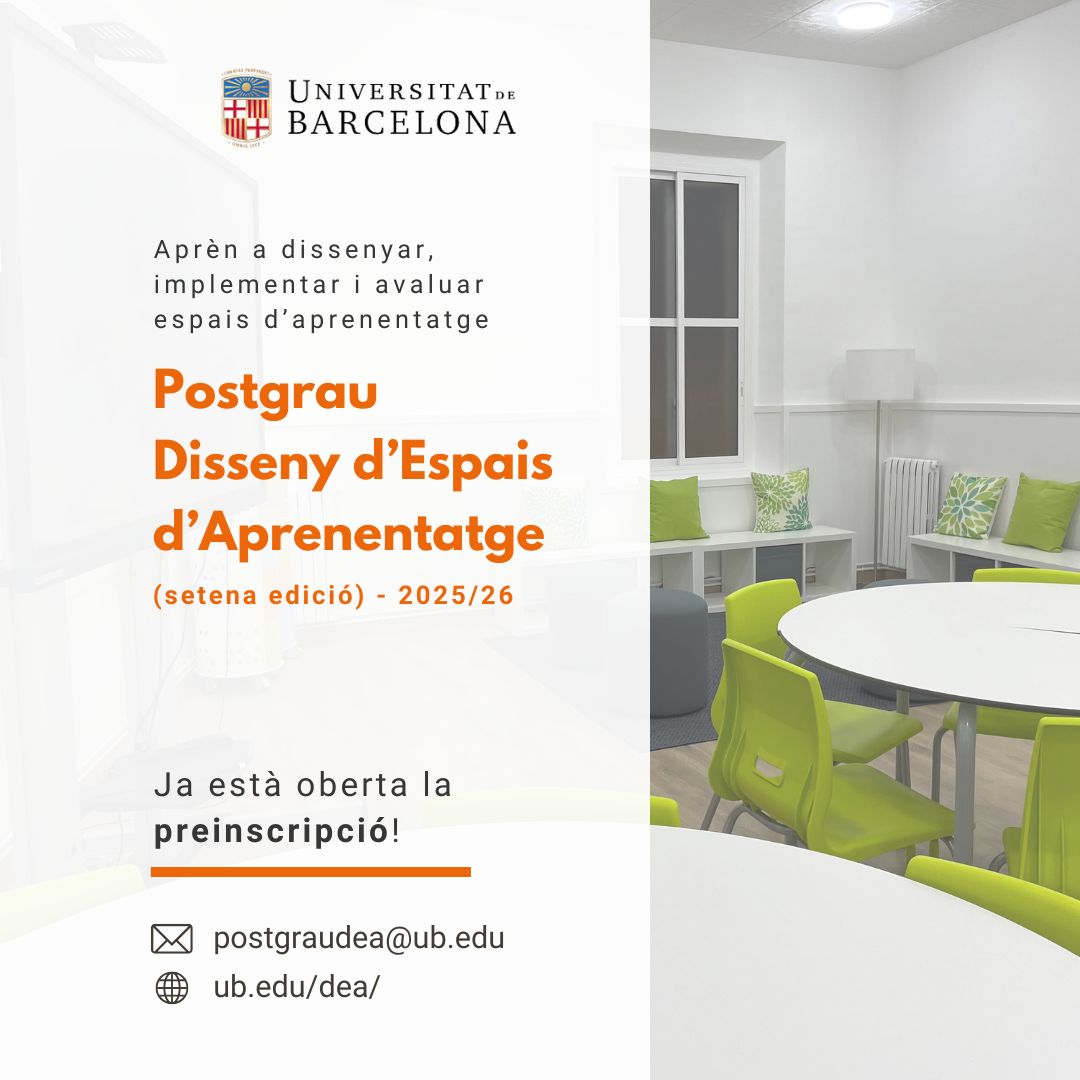 SMART CLASSROOM PROJECT (@smartclasspro) on Twitter photo 📢 Preinscripció oberta!
Vols aprendre a dissenyar, implementar i avaluar espais d'aprenentatge?
Fes-ho a <a href="/UniBarcelona/">Universitat de Barcelona</a> amb una formació pionera i innovadora per aprendre a transformar els centres educatius 🖊📚
🔗 Més informació:
ub.edu/acad/npost/pub… 📢 Preinscripció oberta!
Vols aprendre a dissenyar, implementar i avaluar espais d'aprenentatge?
Fes-ho a <a href="/UniBarcelona/">Universitat de Barcelona</a> amb una formació pionera i innovadora per aprendre a transformar els centres educatius 🖊📚
🔗 Més informació:
ub.edu/acad/npost/pub…