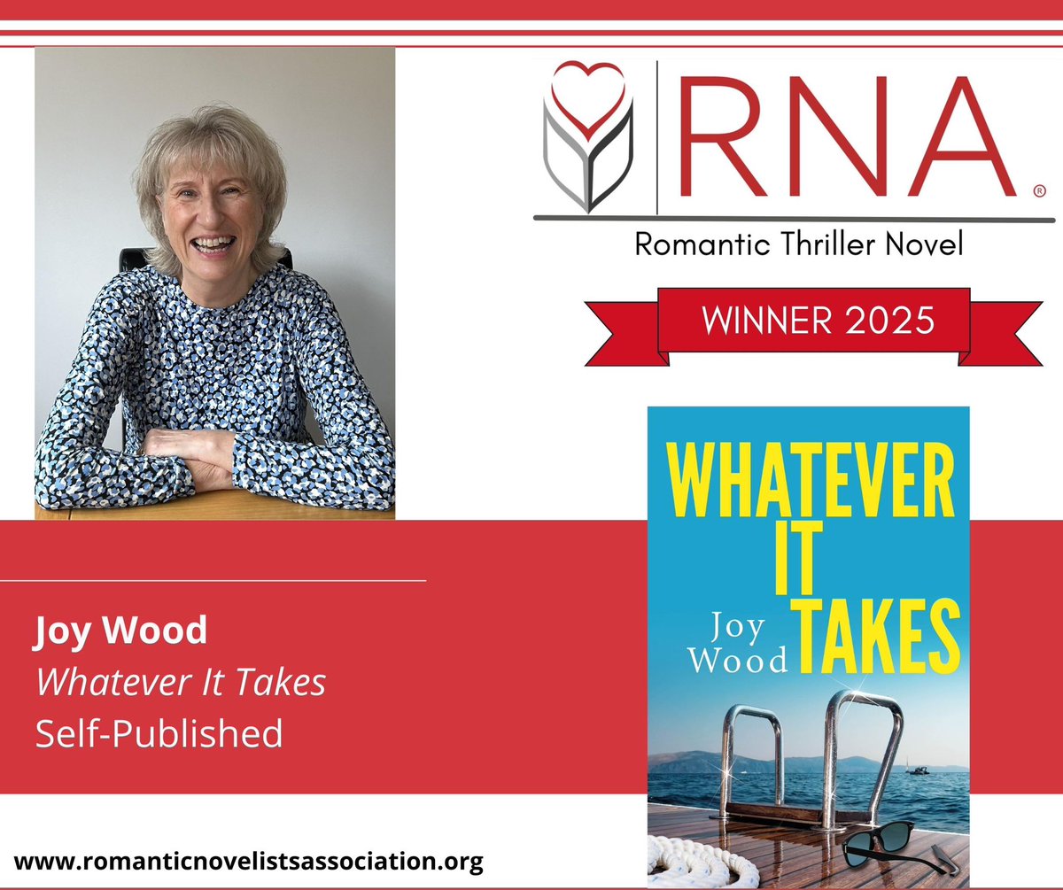 RNAtweets's tweet photo. And the winner of The Romantic Thriller Novel 2025 is Joy Wood @Joywoodauthor  Congratulations! 
#RNARomanticNovelAwards2025 #RespectRomFic https://t.co/DCu7ePa0PQ