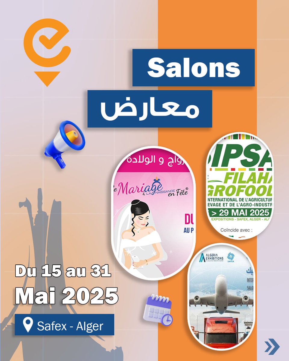 dz_event's tweet photo. Explorez les 5 salons captivants de mois de mai 🔥 📆 (part 02) et plongez dans des expériences uniques et profitez d’une diversité d’expositions englobant des secteurs variés.
#événements #algérie #dzevent #Algerie https://t.co/36M4GahAO9