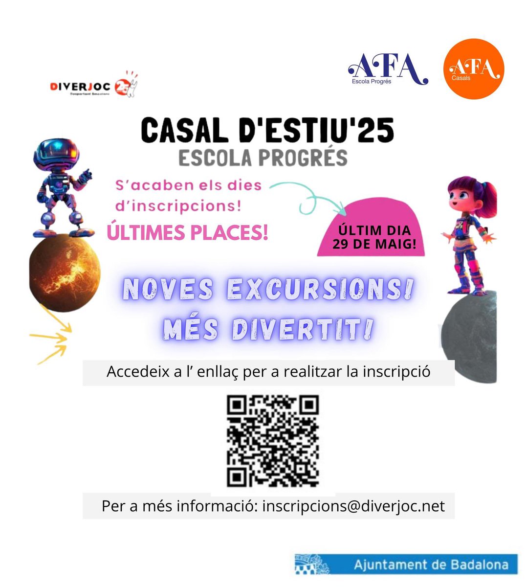 *CASAL D'ESTIU ESCOLA PROGRÉS☀️* 

*Ampliació del termini d’inscripcions fins al 29 de maig!*

No us quedeu sense places!!!

👉Enllaç per accedir a les inscripcions: diverjoc.net/module/myfamil…

ℹ️Per a més informació: inscripcoins@diverjoc.net

AFA Progrés