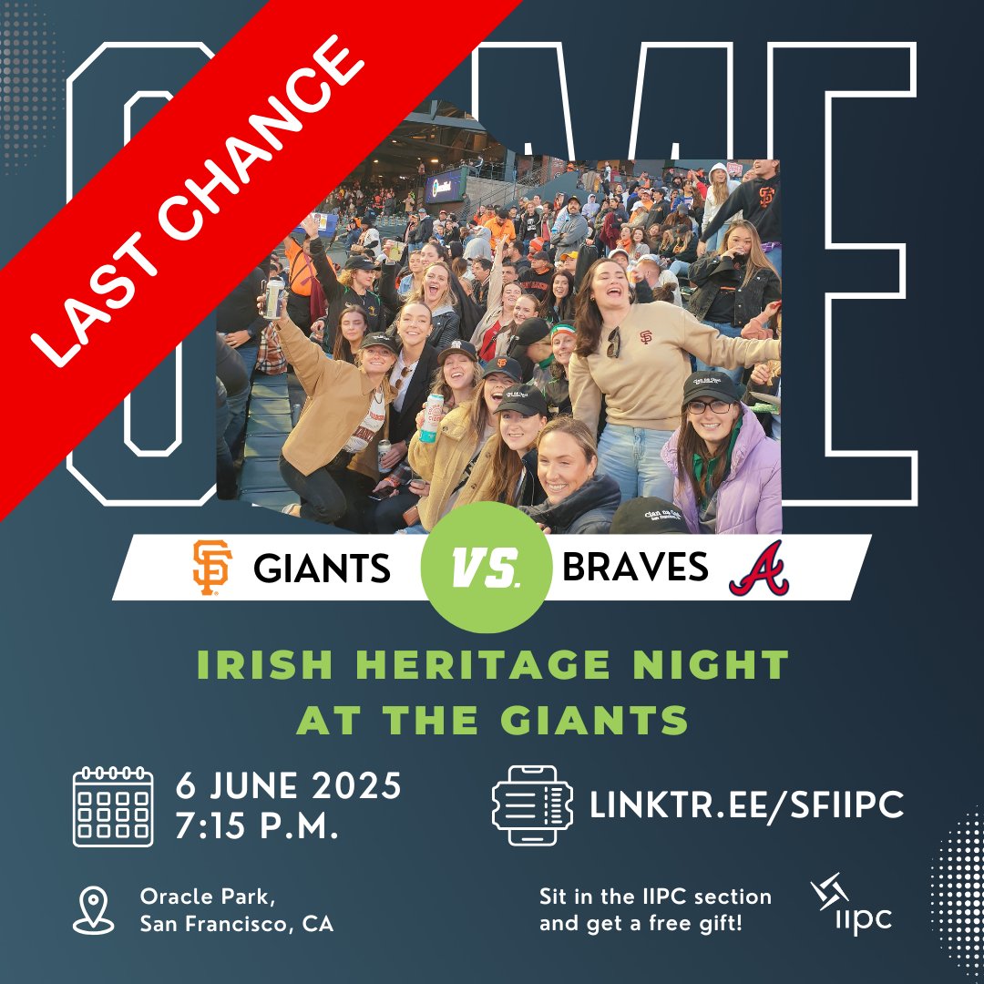iipcsf's tweet photo. ⌛️ Today is the LAST DAY to buy tickets for Irish Heritage Night at the Giants on Friday, June 6, 2025!
Come out to Oracle Park to watch the @SFGiants take on the #AtlantaBraves!
👉https://t.co/ak4Es1vep9
#sfiipc #CommunityOutreach #IrishCommunity #IrishDiaspora #GlobalIrish https://t.co/CEqu1Eqixb