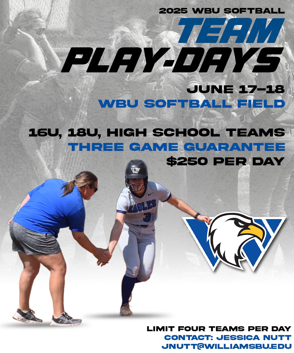 🥎 Registration for the 2025 Team Play Days is OPEN!!

Limited to four teams per day, open to 16U/18U travel teams as well as high school programs.

Register now at wbueagles.com/camps

#TakeFlight x #FIGHT