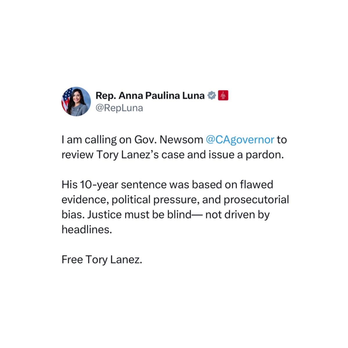 FearedBuck's tweet photo. Congresswoman Anna Paulina Luna is demanding Governor Newsom pardons Tory Lanez 😳 https://t.co/hbmL1rYKGu