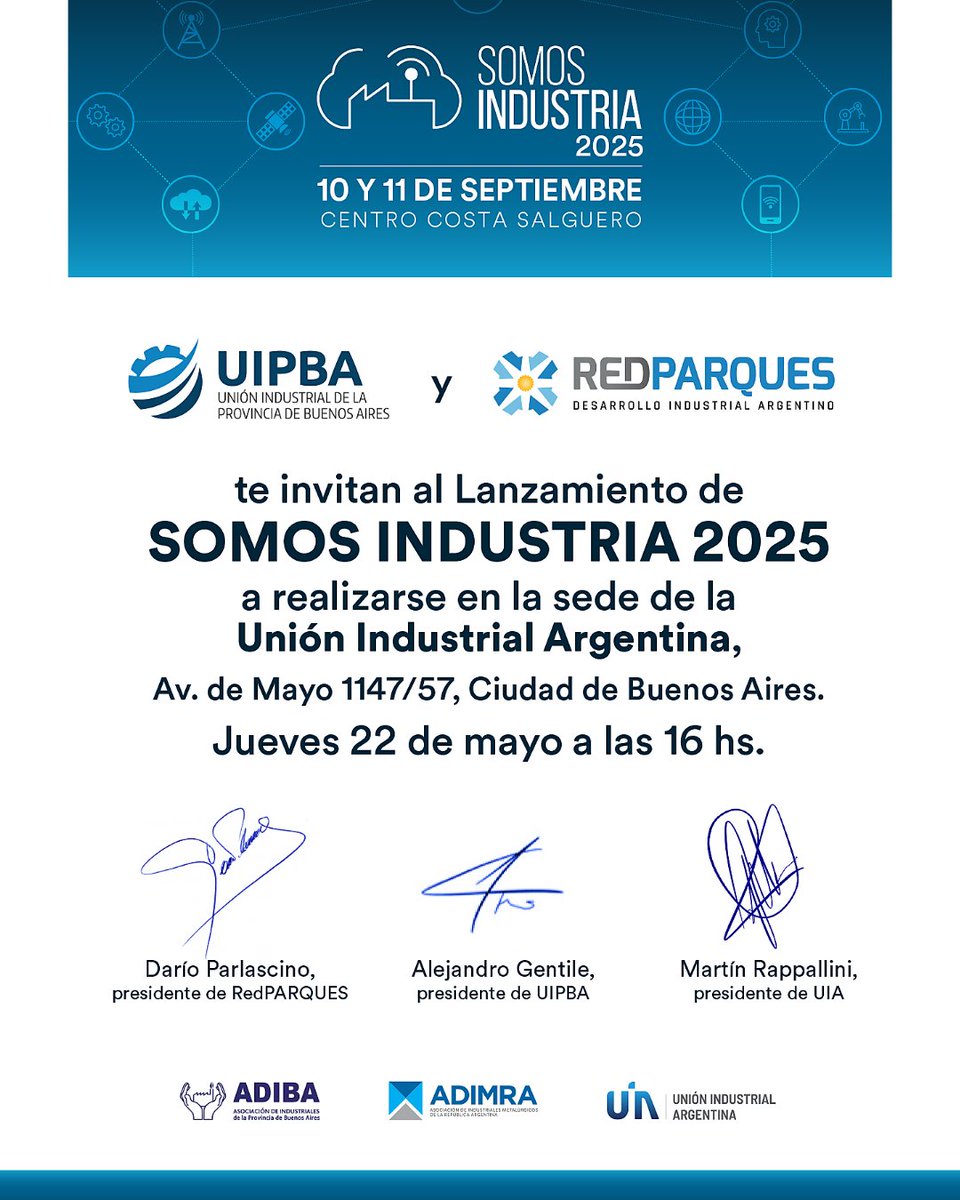 📢 Lanzamiento oficial de Somos Industria 2025
@uipba y RedParques invitan al acto de presentación de una nueva edición del evento más relevante para el sector industrial y los parques productivos del país
#RedParques #UIPBA #UIA #SomosIndustria #ProducciónNacional