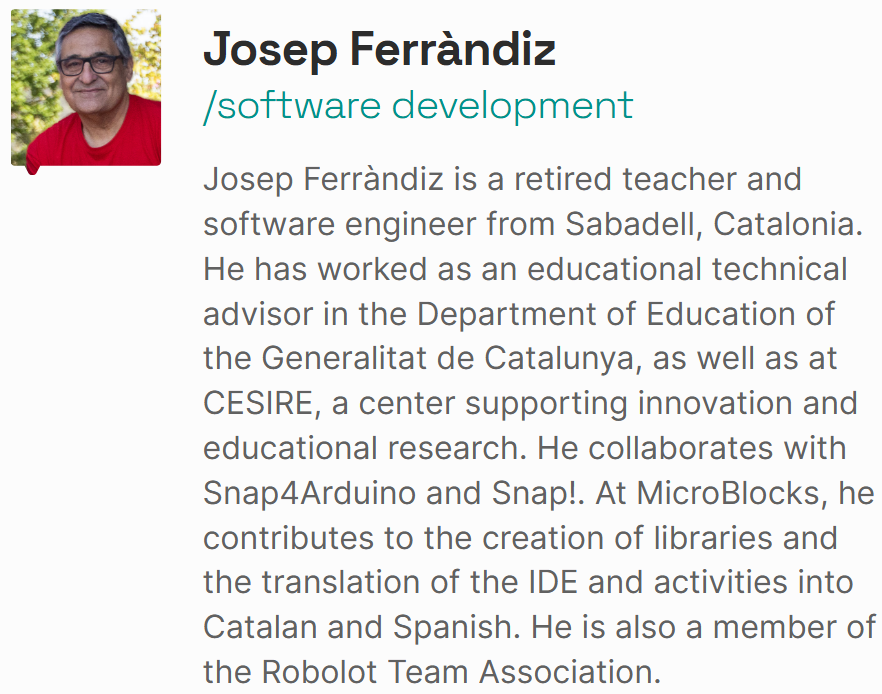 ToniMorenoRey (@tonimorenorey) on Twitter photo 🥳El company de <a href="/ROBOLOT/">ROBOLOT</a> Team #Josep_Ferrandiz forma ara part de l'equip internacional que crea <a href="/microblocksfun/">MicroBlocks - @microblocks.bsky.social</a>
Se suma als catalans #José_García de <a href="/citilab/">citilab</a> <a href="/edutec_/">Edutec Citilab</a> i @Bernat_Romagosa de #SAP.
<a href="/ROBOLOT/">ROBOLOT</a> i <a href="/citilab/">citilab</a> col·laboren des de casa amb els millors!!
microblocks.fun/about 🥳El company de <a href="/ROBOLOT/">ROBOLOT</a> Team #Josep_Ferrandiz forma ara part de l'equip internacional que crea <a href="/microblocksfun/">MicroBlocks - @microblocks.bsky.social</a>
Se suma als catalans #José_García de <a href="/citilab/">citilab</a> <a href="/edutec_/">Edutec Citilab</a> i @Bernat_Romagosa de #SAP.
<a href="/ROBOLOT/">ROBOLOT</a> i <a href="/citilab/">citilab</a> col·laboren des de casa amb els millors!!
microblocks.fun/about