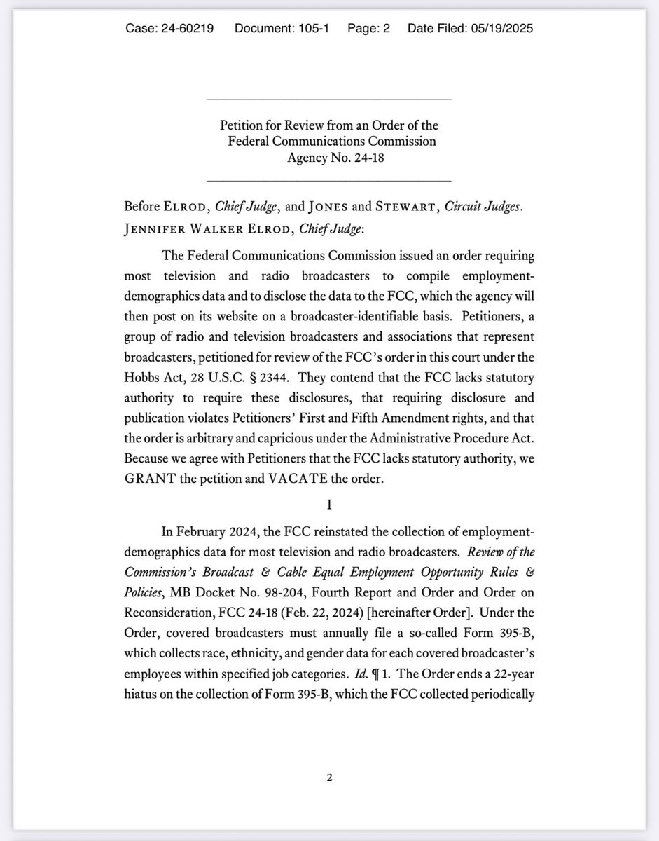 NEW

An appellate court just struck down the Biden FCC’s 2024 decision to force broadcasters to post race and gender scorecards.

As I said in my dissent back then, the FCC’s 2024 decision was an unlawful effort to pressure businesses into discriminating based on race &amp; gender.