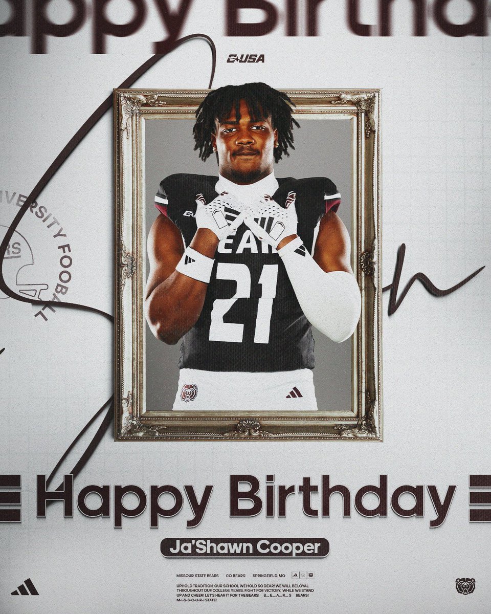Missouri State Football (@mostatefootball) on Twitter photo Wishing our very own <a href="/CooperJashawn/">Jashawn Cooper</a> a very Happy Birthday! ๐ฅณ๐
#OutHitOutHustle | #ProveIt Wishing our very own <a href="/CooperJashawn/">Jashawn Cooper</a> a very Happy Birthday! ๐ฅณ๐
#OutHitOutHustle | #ProveIt