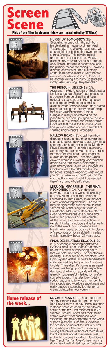 TTFilmz 💙 (@ttfilmz) on Twitter photo “It’s a beautiful day, cinemas are open and people are having a wonderful time.”
TTFilmz <a href="/Observerseries/">Observer Series</a> <a href="/HantsIndie/">Hampshire Independent</a> - Pick of films in cinemas/home release of the week.
#FinalDestinationBloodlines
#HallowRoad
#HurryUpTomorrow
#ThePenguinLessons
#MissionImpossible
#SladeInFlame “It’s a beautiful day, cinemas are open and people are having a wonderful time.”
TTFilmz <a href="/Observerseries/">Observer Series</a> <a href="/HantsIndie/">Hampshire Independent</a> - Pick of films in cinemas/home release of the week.
#FinalDestinationBloodlines
#HallowRoad
#HurryUpTomorrow
#ThePenguinLessons
#MissionImpossible
#SladeInFlame