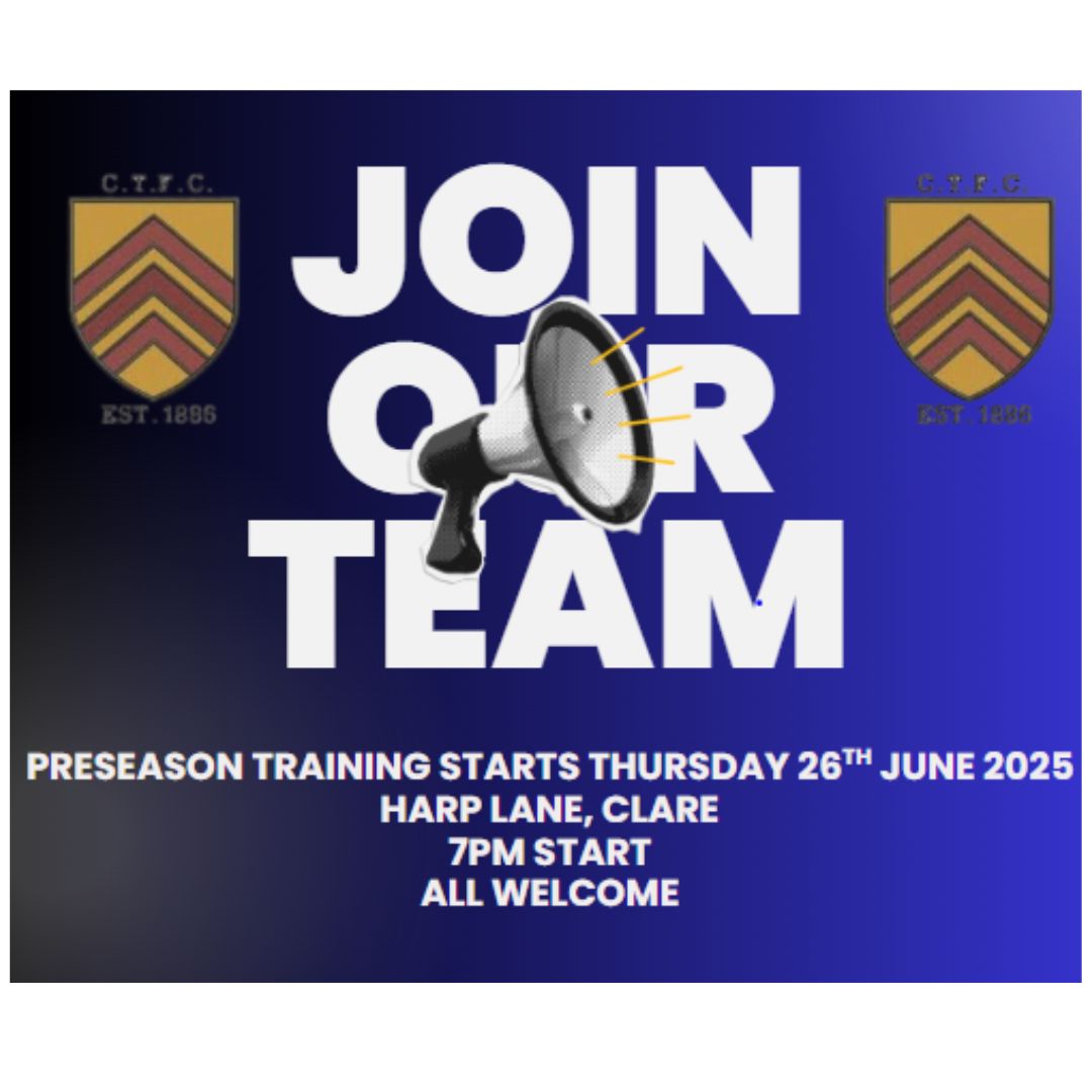 Preseason training starting Thursday 26th June 2025 down at Harp Lane, Clare! 

Are you looking for a fresh challenge or wanting to get back into men's football? Then look no further than Clare Town! Come and join a great bunch of lads and a great club!