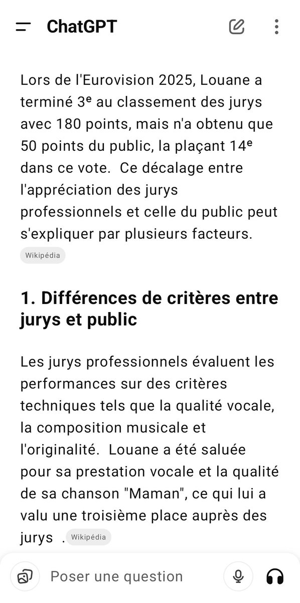 joel_conan's tweet photo. Avis de chatGPT sur la performance (7em) de @louane à l'#Eurovision2025 https://t.co/EqtXvhPImS