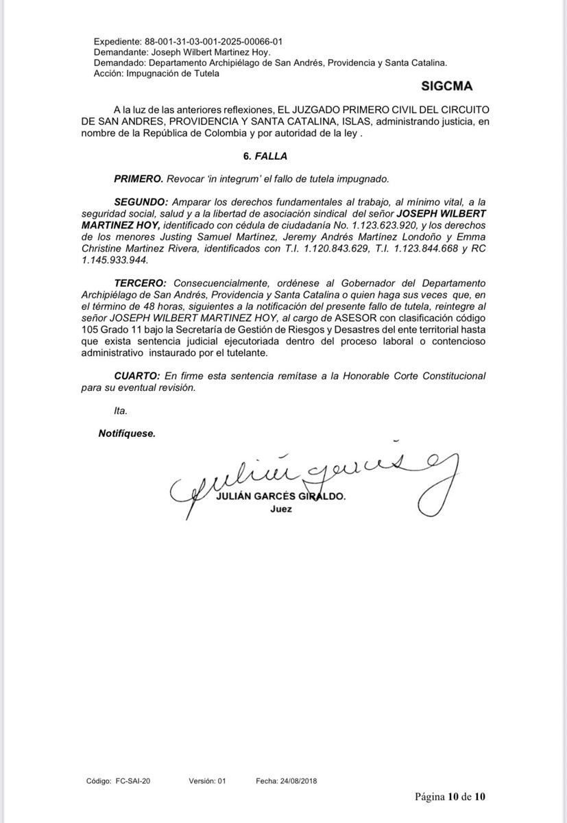 @SunetColOfc (@sunetcolofc) on Twitter photo <a href="/sunetcolofc/">@SunetColOfc</a> celebra el fallo proferido por el Juzgado Primero Civil del Circuito de San Andrés, Providencia y Santa Catalina, por medio del cual ordena el reintegro de nuestro compañero Joseph Martínez, despedido de la <a href="/GobernacionSai/">GobernacionSAI</a> injustificadamente y violando sus derechos💪🏻 <a href="/sunetcolofc/">@SunetColOfc</a> celebra el fallo proferido por el Juzgado Primero Civil del Circuito de San Andrés, Providencia y Santa Catalina, por medio del cual ordena el reintegro de nuestro compañero Joseph Martínez, despedido de la <a href="/GobernacionSai/">GobernacionSAI</a> injustificadamente y violando sus derechos💪🏻
