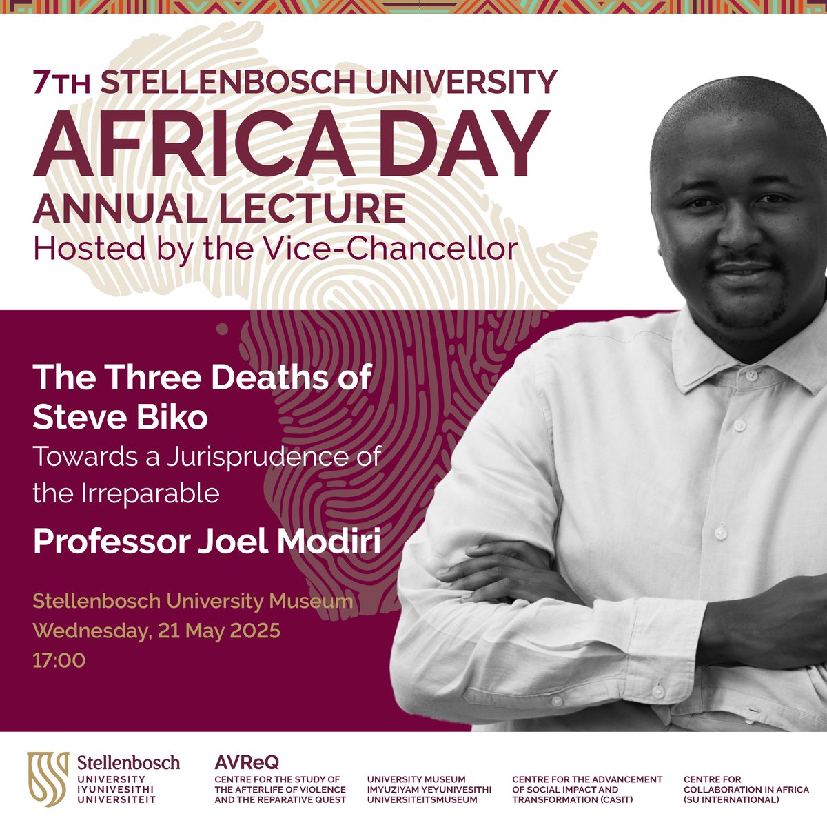 AVReQ_SU's tweet image. Join us for the 7th Annual #AfricaDay Lecture with Prof Joel Modiri! The event inaugurates the next series of #AfricaDayLectures under the leadership of our newly appointed VC, Prof Deresh Ramjugernath.
bit.ly/4dISTXr
#AVReQ #SteveBiko #JoelModiri #DecolonialLaw #TRC30