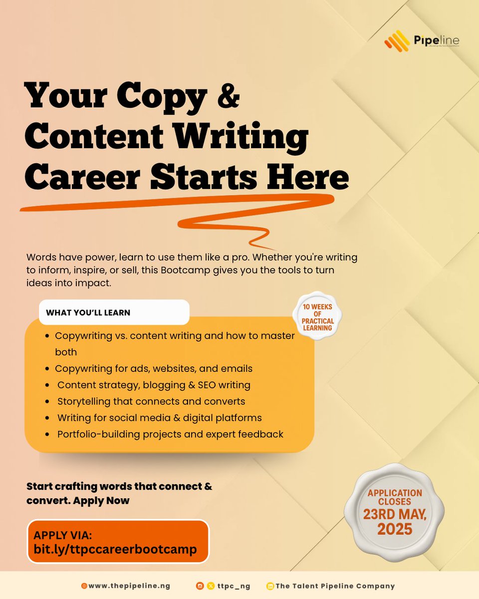 Ever read something that made you instantly click "Buy Now"? That wasn't luck; it's creative copywriting!

In just 10 weeks, learn how to start writing like a pro. The digital world is hungry for good writers who deliver results.
Apply now: bit.ly/ttpccareerboot…

#Writers #ttpc